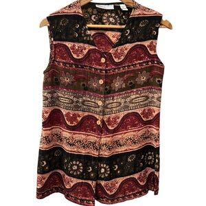Vtg 90s flowy boho top button down sleeveless blouse, medium